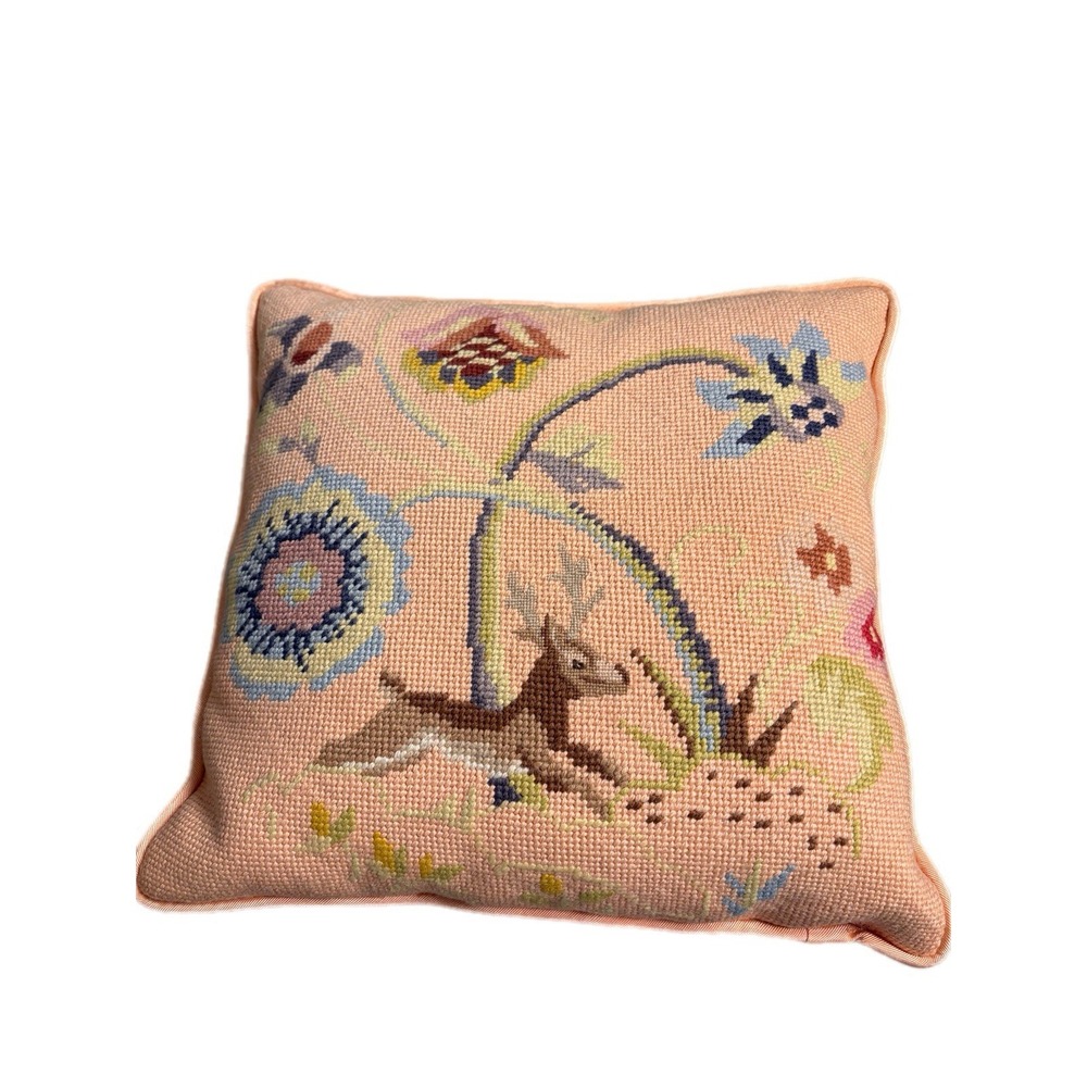 Vintage Floral Stag Peach Pillow Cross-stitch Cottagecore Heritage Decor Style - Picture 3 of 8